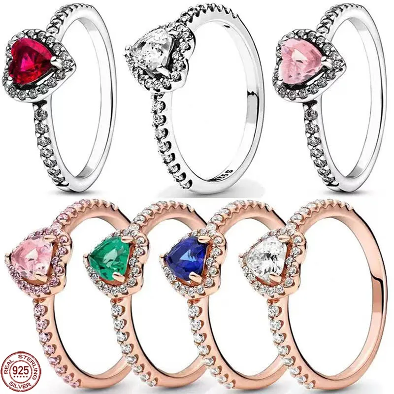 

New 925 Sterling Silver Ring Red Heart Colorful Crystal Ring Women's Valentine's Day Birthday Gift DIY High Quality Jewelry