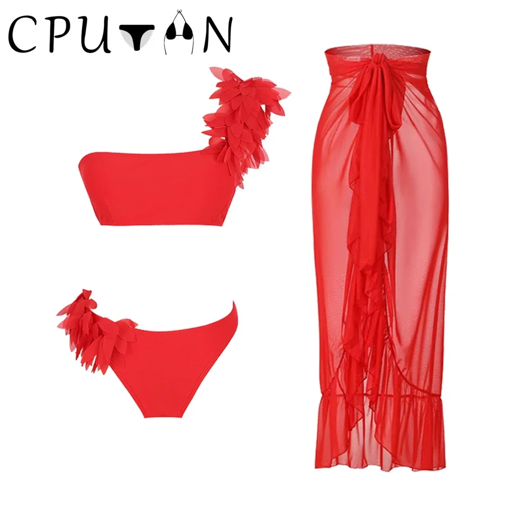 

CPUTAN 2023 Sexy Red 3D Flower One Shoulder Swimwear 3 Pieces Bikini Set Swimsuit Vintage BathingSuit Summer Brazilian Beachwear