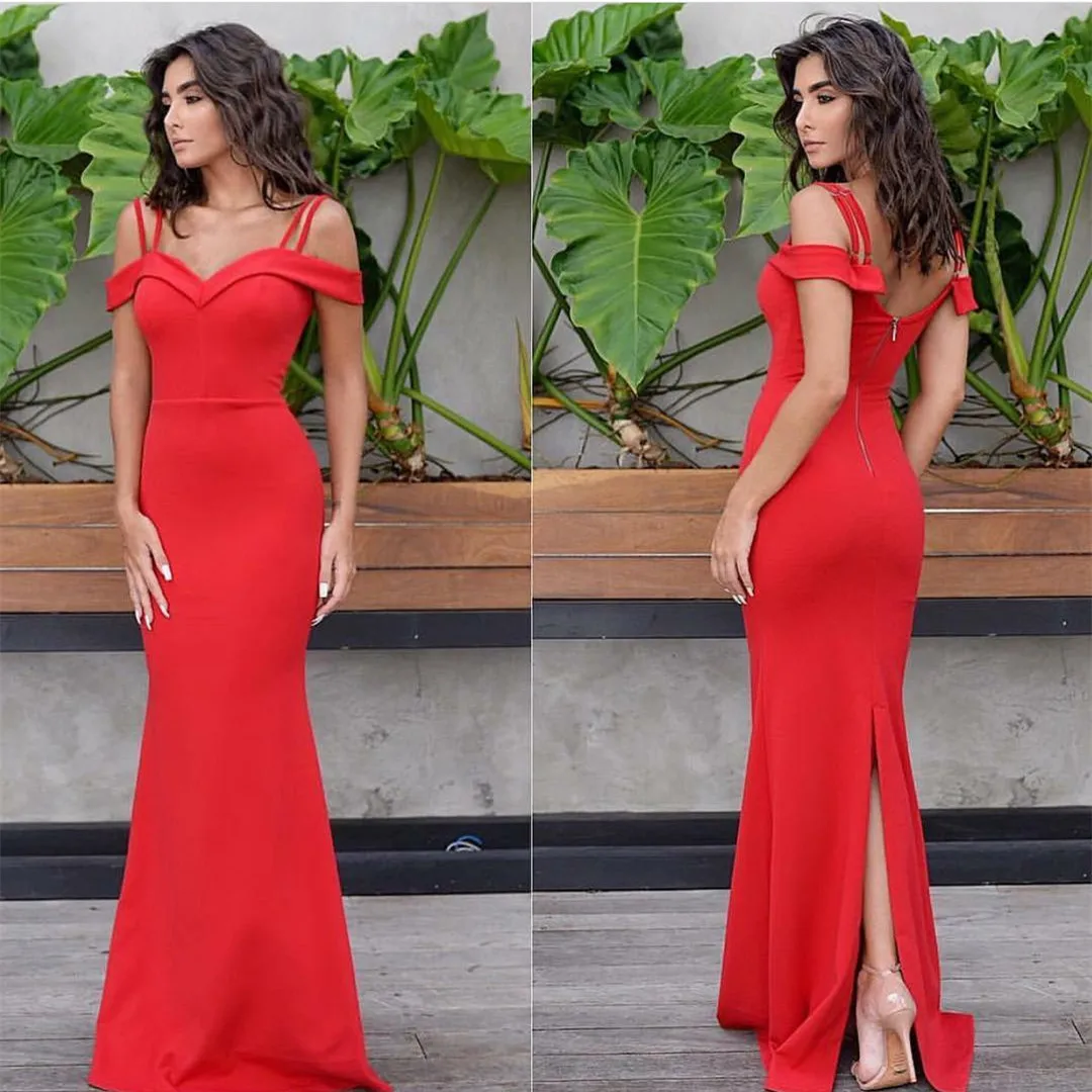 Vintage Long Off Shoulder Red Evening Dresses Mermaid Crepe Small Train فساتين السهرة Prom Gowns With Slit for Women
Vintage Long Off Shoulder Red Evening Dresses Mermaid Crepe Small Train فساتين السهرة Prom Gowns With Slit for Women
