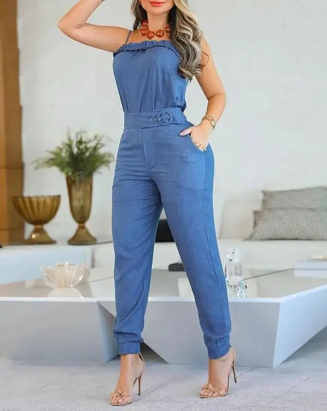 

Women's Commuting Suit 2024 Spring/summer Latest Fashion Square Neck Spaghetti Strap Frill Hem Cami Top&pocket Design Pants Set