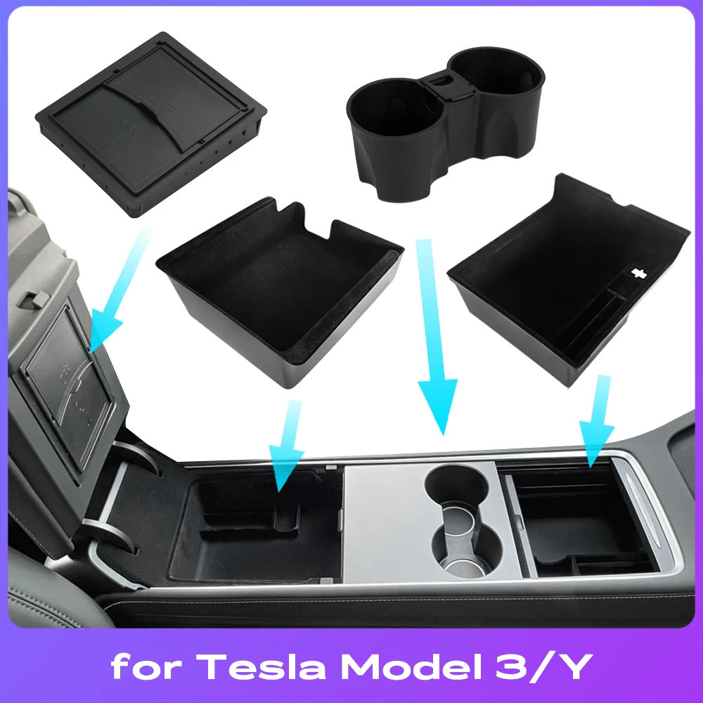 

For Tesla Model 3 Y Hidden Storage Box Car Center Console Armrest Front and Rear Flocking Layered Grid Organized Container Slide