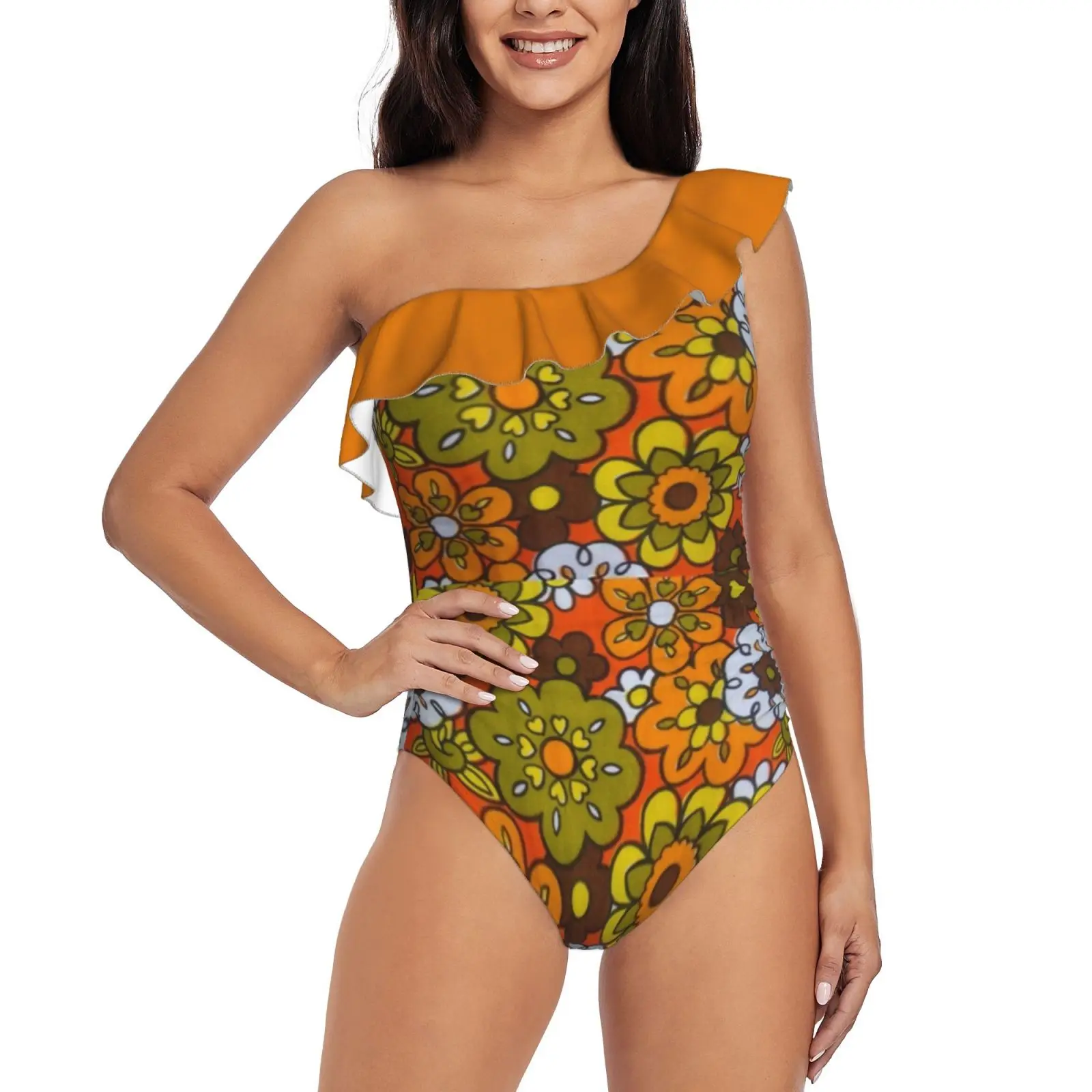 

Retro Cool Mid Century Floral Fabric Design In Avocado One Shoulder Ruffle Swimsuit Print Swimwear Female One Piece Monokini