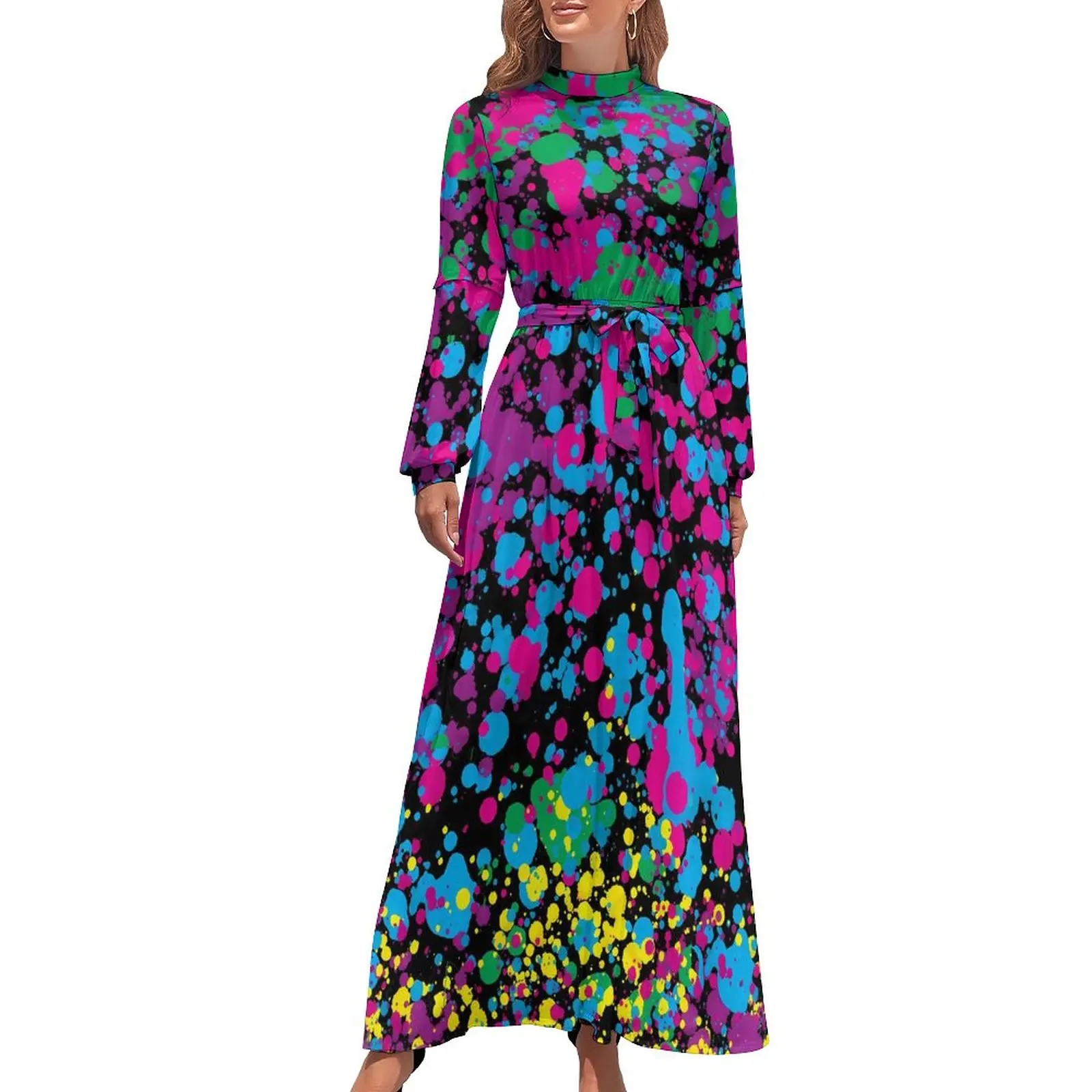 

Neon Paint Dress Long Sleeve Bright Splatter Print Elegant Maxi Dress High Waist Street Style Design Bohemia Long Dresses Gift