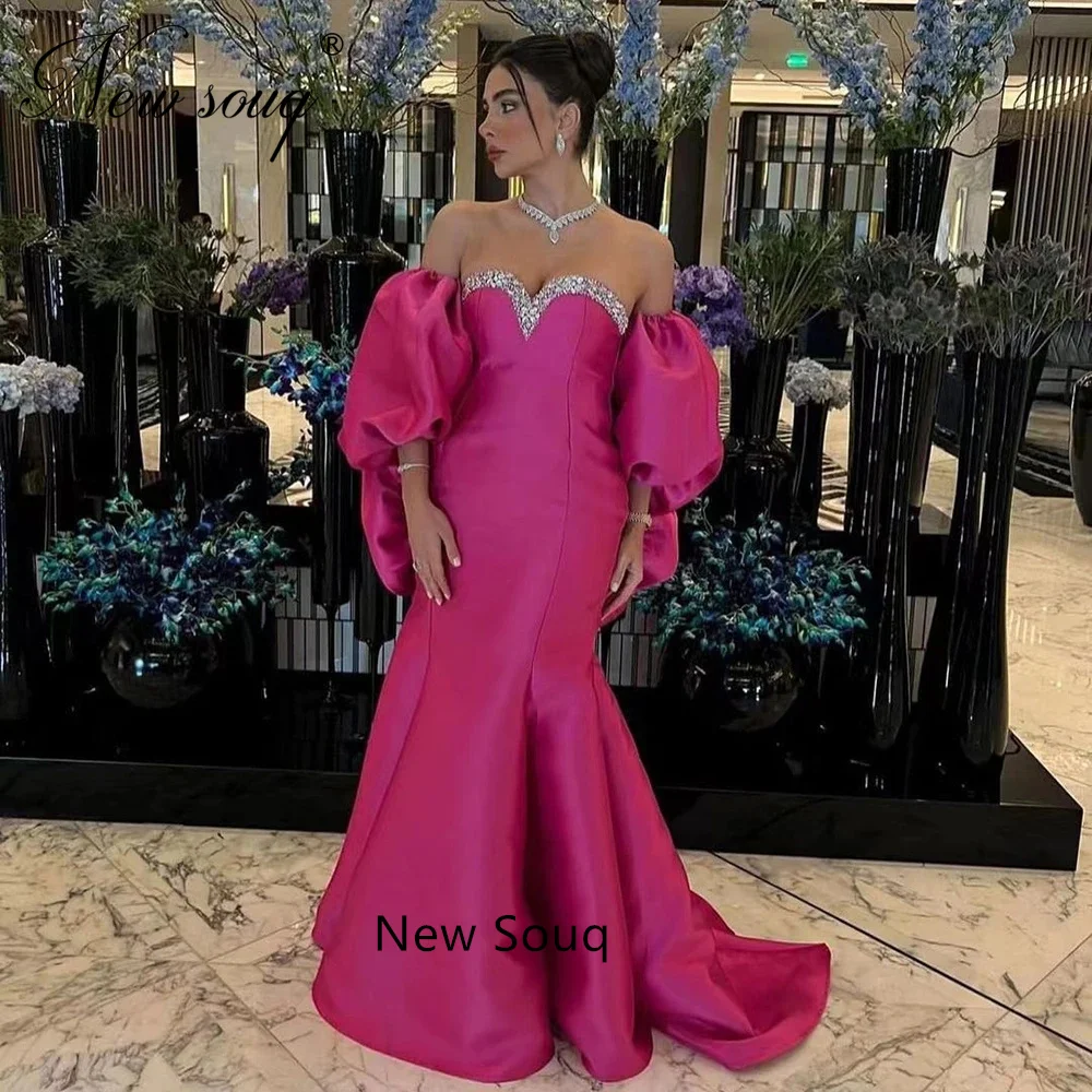 

Elegant Fuchsia Satin Mermaid Evening Dresses Off Shoulder Beading Celebrity Dress Dubai Aso Ebi Party Gowns Custom Made 2023