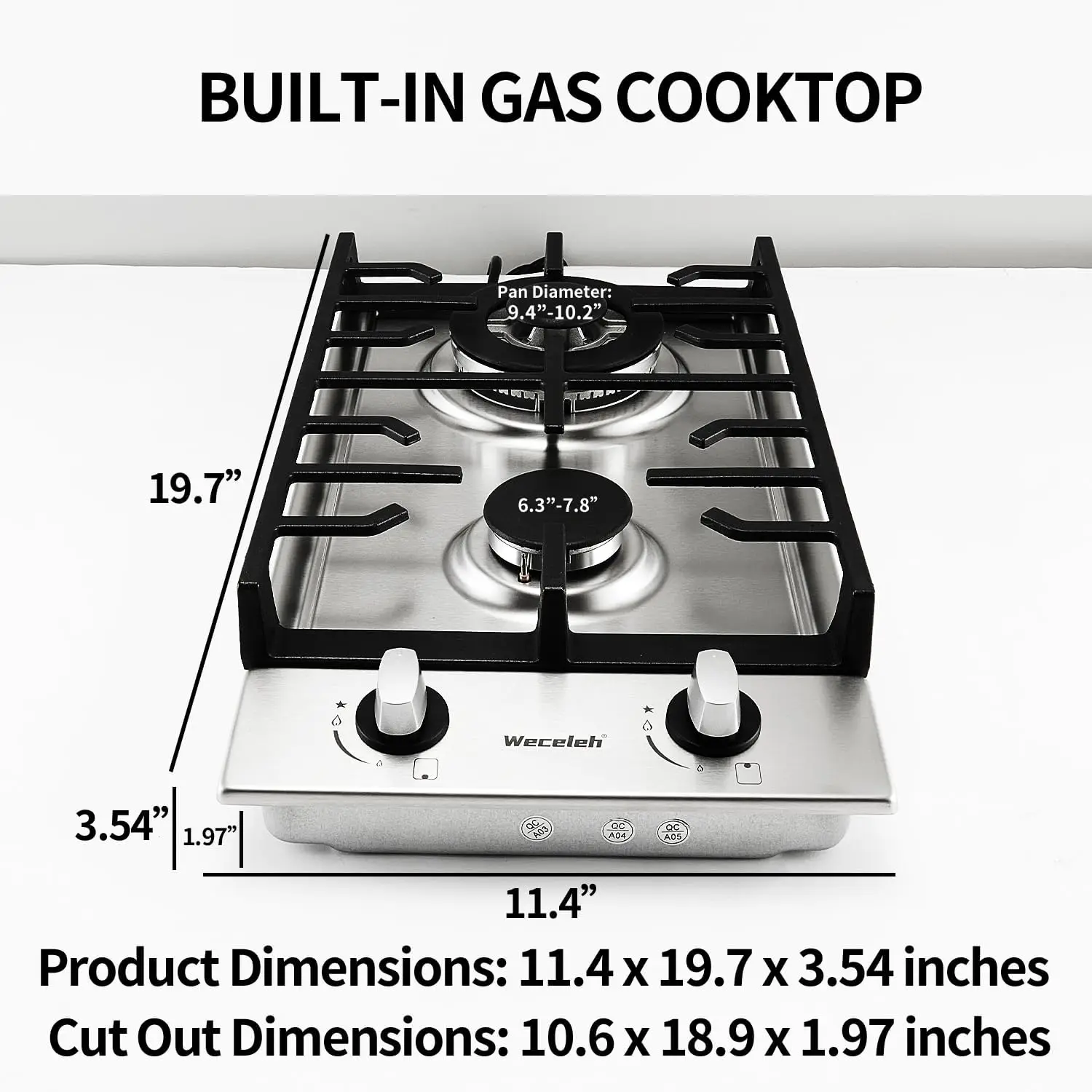 

12 inch Gas Stove Top with 2 Burner Built-in Dual Cooktop Stainless Steel NG/LPG