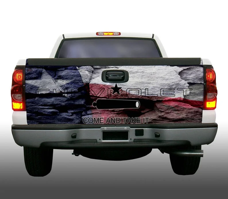 

Texas flag Come and Take It Gonzales flag mashup cracked stone distressed truck tailgate wrap vinyl graphic decal