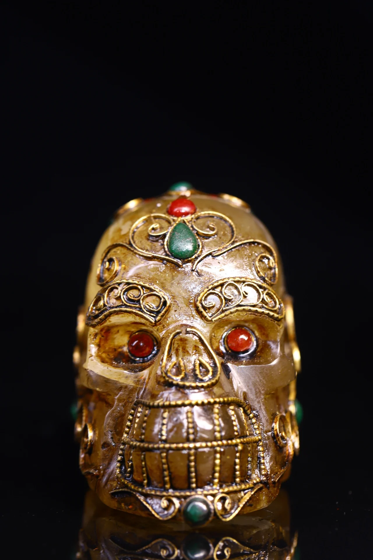 

4"Tibetan Temple Collection Old Natural Crystal Filigree Gild Mosaic Gem Skull Head Corpse Forest Worship Hall Town house