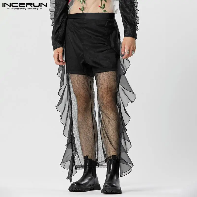 

INCERUN 2023 American Style Mens Trousers Thin See-through Mesh Pants Leisure Party Shows Lace Ruffle Edge Panel Pantalons S-5XL