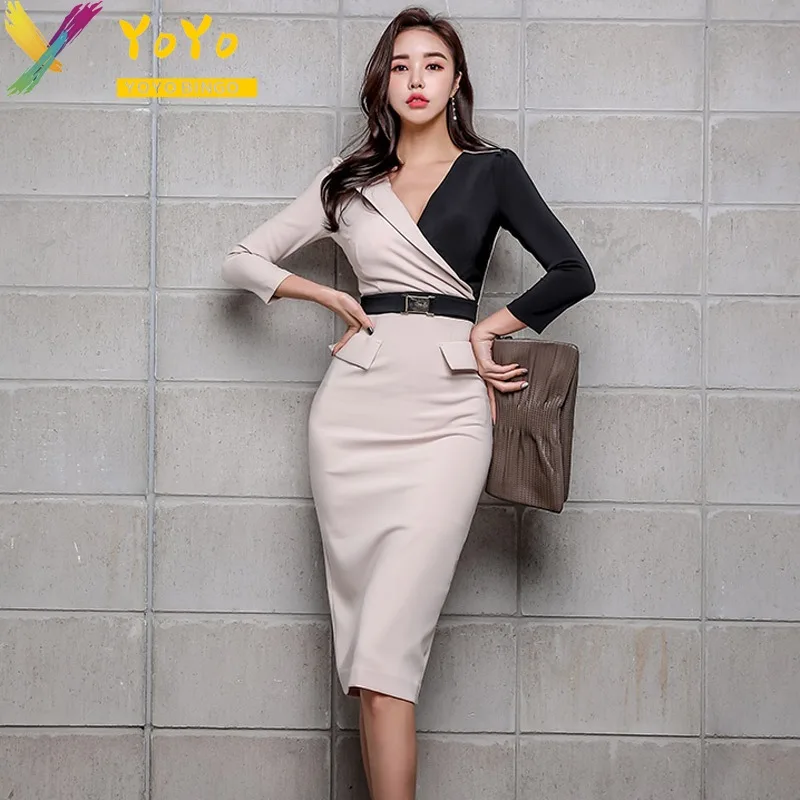 

Formal Apricot Black Stitching Long Sleeve V-neck Belt Pencil Dresses Women Elegant Autumn/Winter Slim Bodycon Chic Work Dress