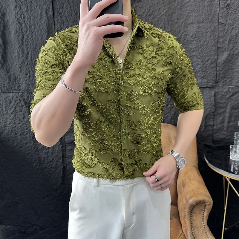 

Рубашка мужская кружевная с рукавом до локтя, пикантная облегающая сорочка с вырезами, повседневная одежда для ночного клуба, лето 2024