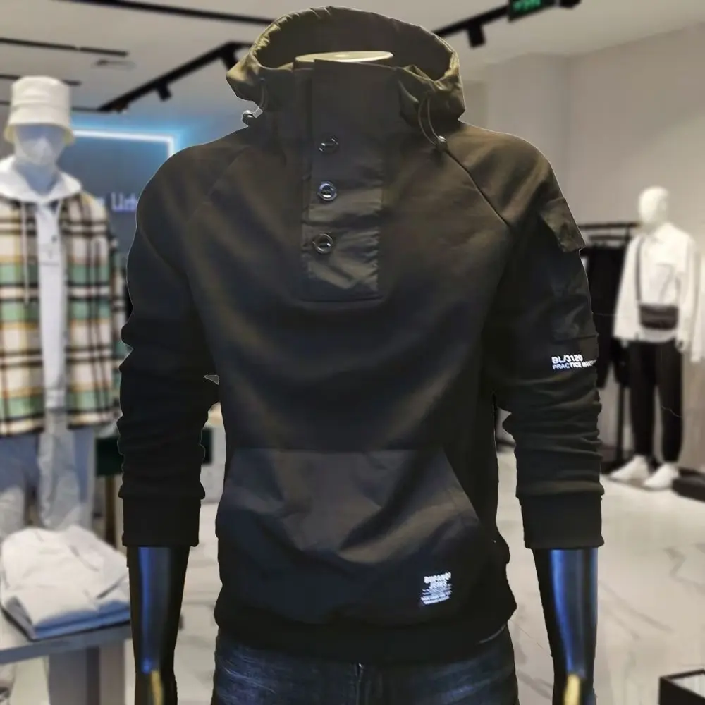 

Спортивный костюм Y2K Techwear мужской на пуговицах, хлопок, худи-карго, модная уличная одежда с карманами, в стиле пэчворк, черный, осень