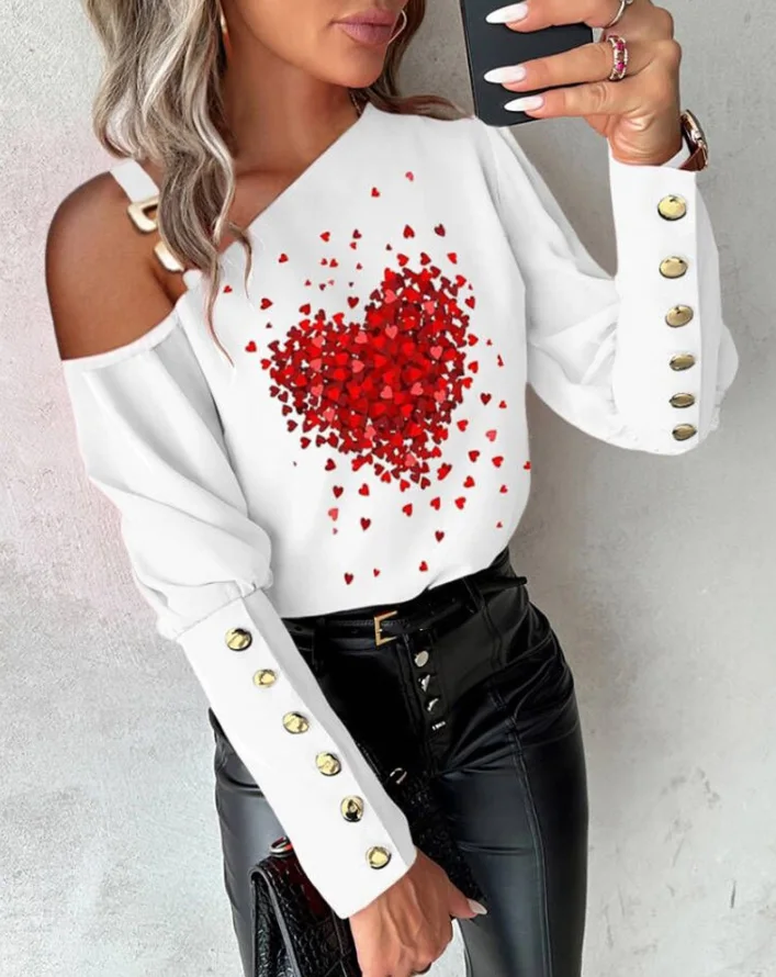 

Top Women 2024 Spring Fashion Heart Pattern Print Gigot Sleeve Button Chain Cold Shoulder Casual Long Sleeve Daily Top