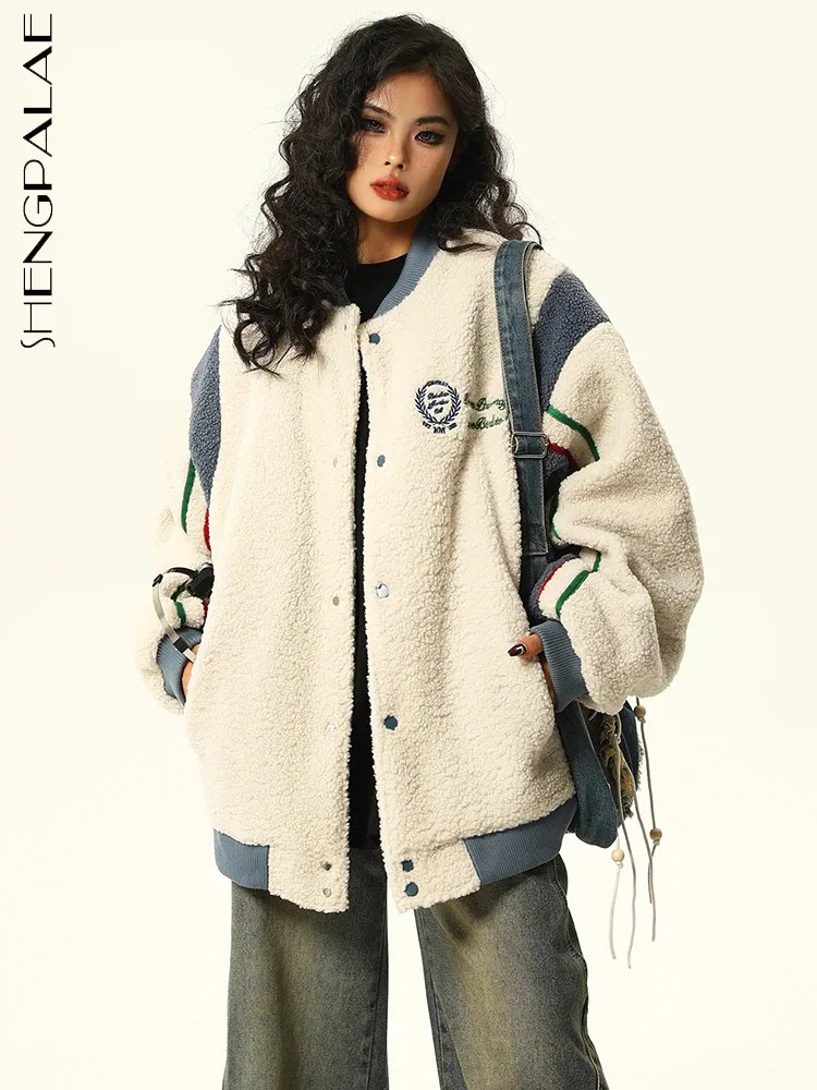 

SHENGPALAE Lamb Wool Padded Coat For Women Winter Vintage Contrast Color Spliced Thicken Baseball Uniform Jacket 2023 New 5R8301