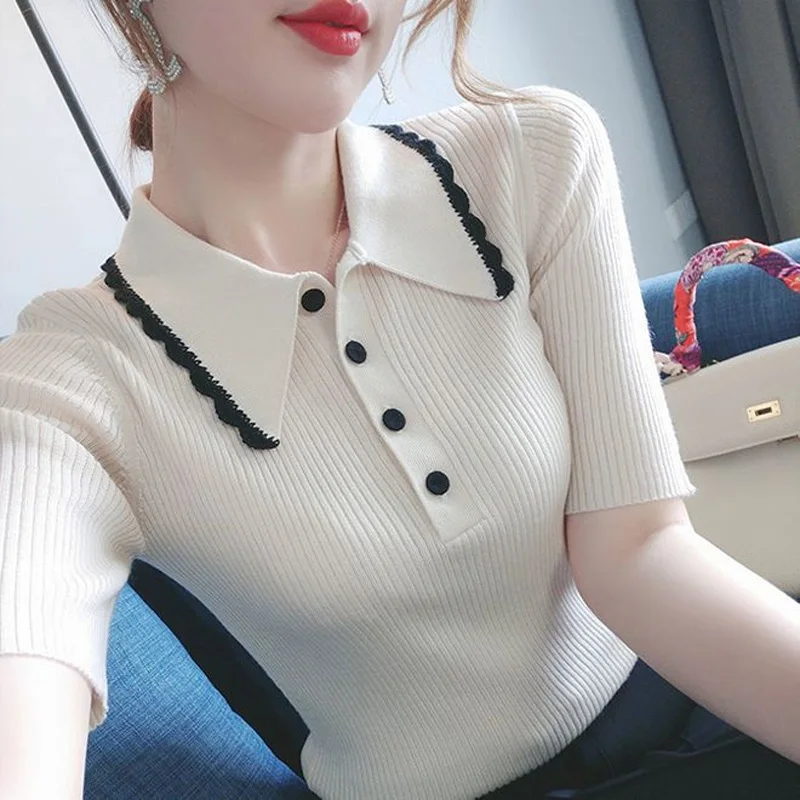 2023 Summer Commuter Simple POLO Collar Button Slim Fit Slim Pullover Knitted Pit Stripe Ice Silk Short Sleeve Women's T-shirt
2023 Summer Commuter Simple POLO Collar Button Slim Fit Slim Pullover Knitted Pit Stripe Ice Silk Short Sleeve Women's T-shirt
