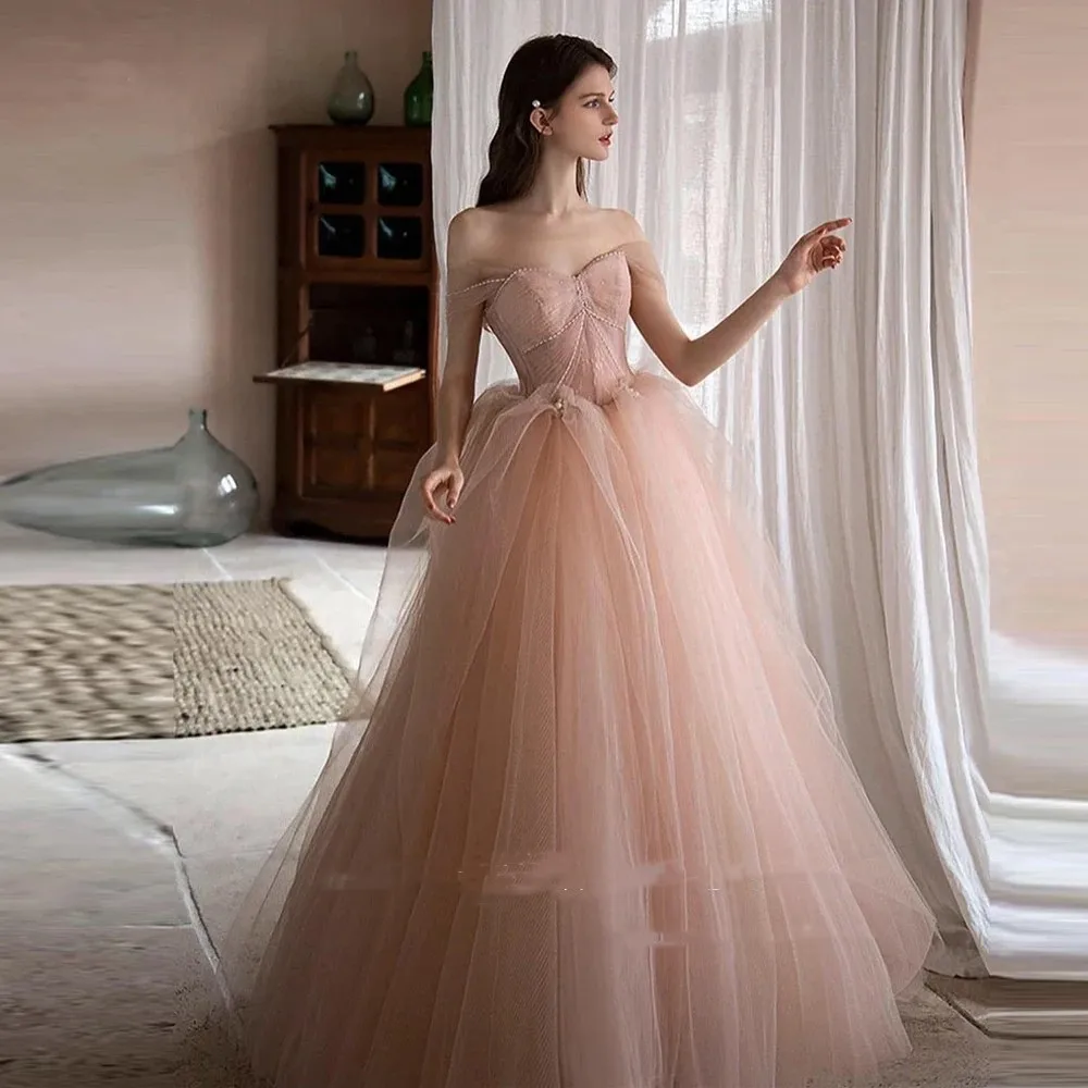

Romantic Dusty Pink Tulle A-Line Sweetheart Prom Dresses For Wedding Party Off the Shoulder Evening Gowns Formal Occasion Dres