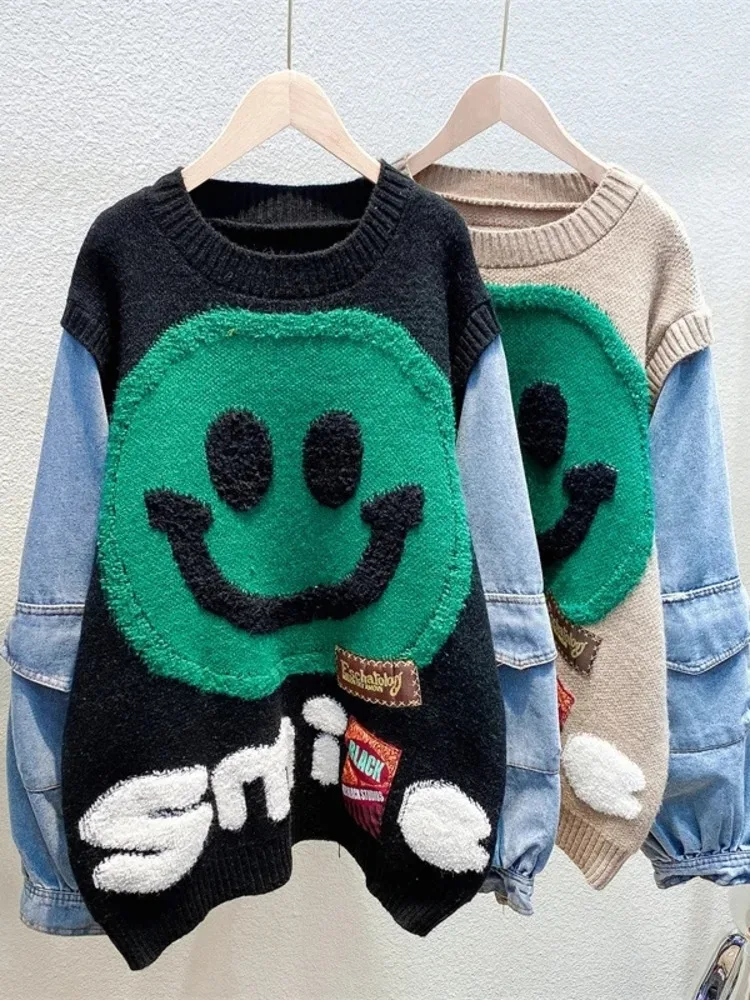 LJHLJX Denim Patchwork Sweater Autumn Winter New Knitted Women Fake Two-piece Denim Stitching Sweater Loose Top Coat AH240
LJHLJX Denim Patchwork Sweater Autumn Winter New Knitted Women Fake Two-piece Denim Stitching Sweater Loose Top Coat AH240