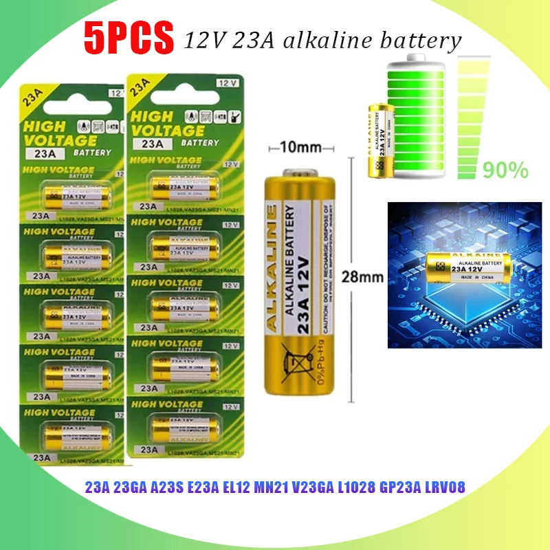 5PCS 12V 23A Alkaline Battery23A 23GA A23S E23A EL12 MN21 V23GA L1028 GP23A LRV08 Suitable for Remote Control Wireless Doorbell
5PCS 12V 23A Alkaline Battery23A 23GA A23S E23A EL12 MN21 V23GA L1028 GP23A LRV08 Suitable for Remote Control Wireless Doorbell