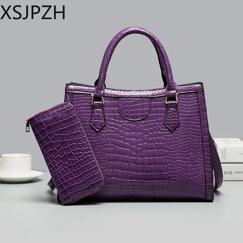 

Female Vintage Shoulder Bags Purple Ladies Bolsa Crocodile Pattern Composite Womens Handbags 2 Pecs set Fashion Women Bag Big
