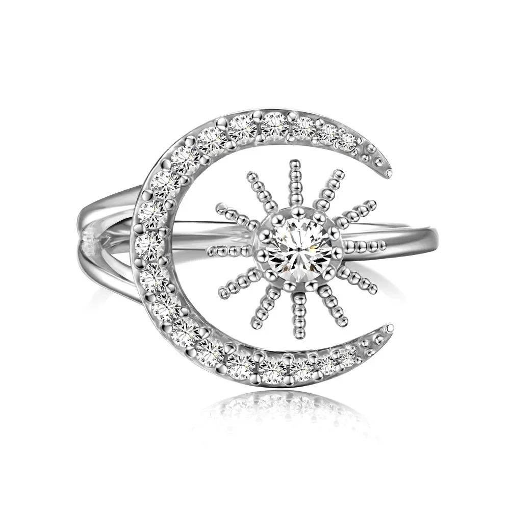 Корейская версия нового S925 стерлингового серебра Открытое кольцо с дизайном Луны и солнца для женщин, циркониевая инкрустация для моды 
Корейская версия нового S925 стерлингового серебра Открытое кольцо с дизайном Луны и солнца для женщин, циркониевая инкрустация для моды