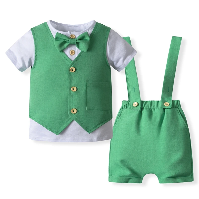 

Baby Boy Gentleman Set Short Sleeve Button T-Shirt with Suspender Shorts and Waistcoat Outfits