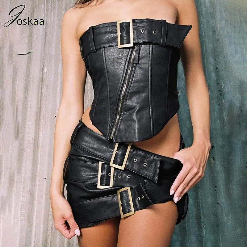Joskaa Pu Leather Belt Decoration Women's Set Tube Top and Bodycon Mini Skirts 2023 Fashion Cyber Punk Two Piece Sets Outfits
Joskaa Pu Leather Belt Decoration Women's Set Tube Top and Bodycon Mini Skirts 2023 Fashion Cyber Punk Two Piece Sets Outfits