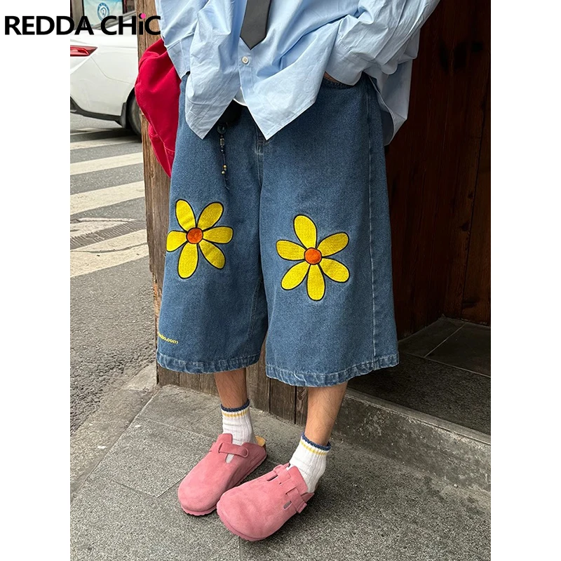 

ReddaChic Retro Blue Bloom Denim Shorts Men Skater Oversize Wide Leg Casual Pants Baggy Jeans Jorts Y2k Hiphop Korean Streetwear