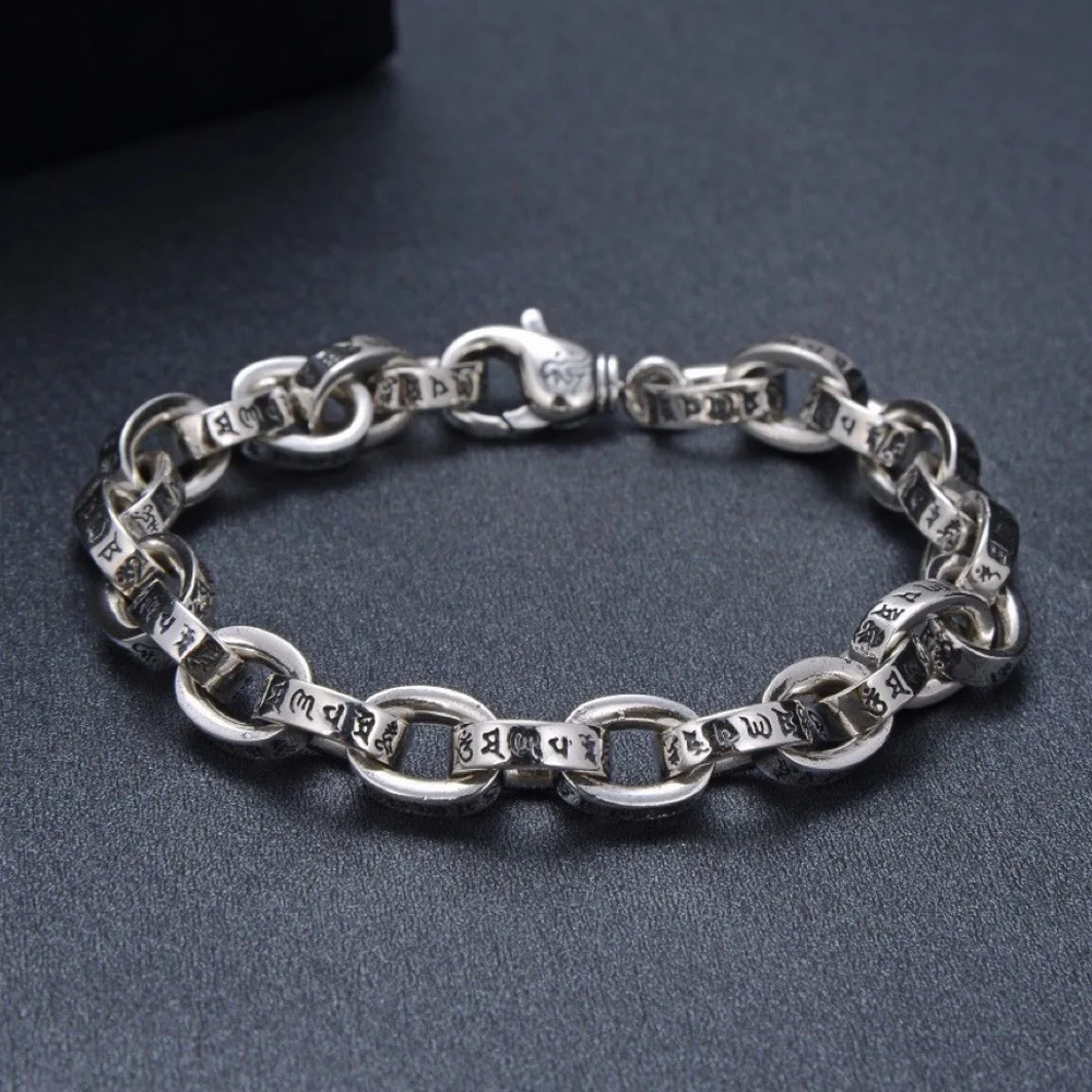 

Real Solid 925 Sterling Silver Chain Men Bless Lucky Mantra Cable Oval Link Bracelet 39g/20cm