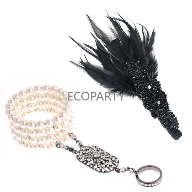 

Wedding 1920s Flapper Feather Headband and Pearl Bracelet Roaring 20s Great Gatsby Party Wedding Headpiece Hair Accessories Set