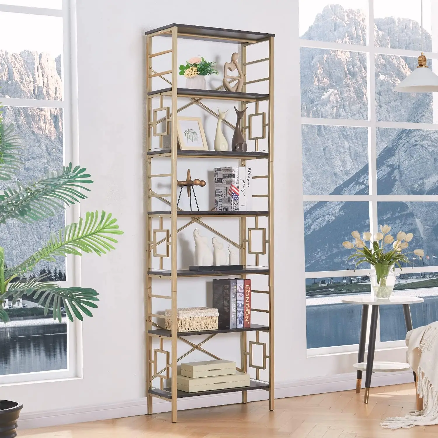 

Книжный шкаф, 7-уровневый высокий книжный шкаф, металлический книжный шкаф и книжные полки, Современная отдельная книжная полка для хранения, черный и золотой