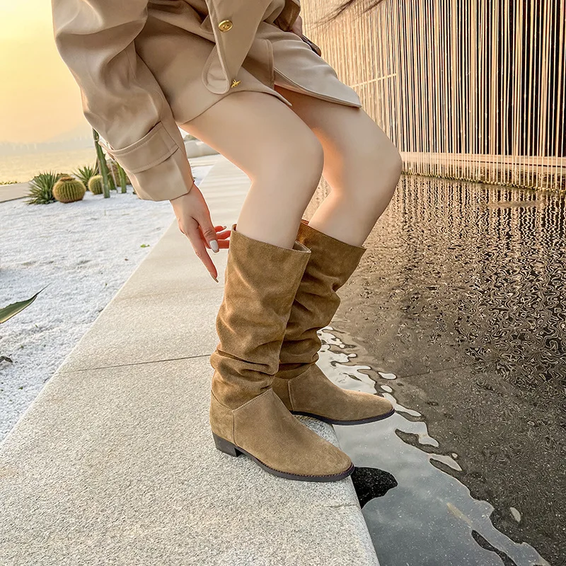 

Women Boots Suede Brown Long Boots High Heels Western Cowboy Wrinkled Boots 2022 Fashion Female Designer Shoes Thigh High Boots