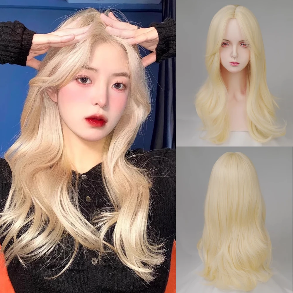 

Synthetic Blonde Long Wavy Wigs with Bangs Lolita Cosplay Natural Women Fluffy Hair Wig for Daily Party