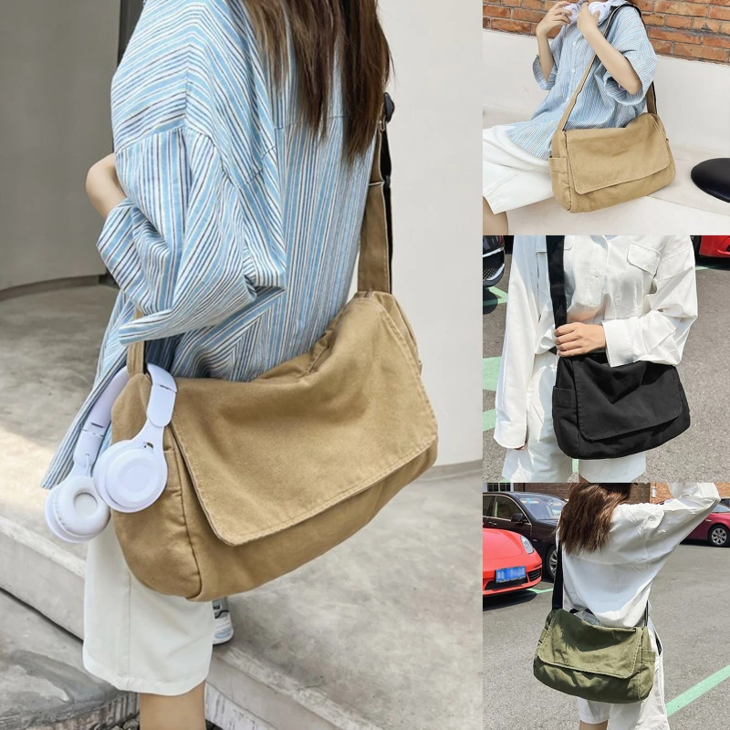 

Female Canvas Fabric Hobo Soft Slouchy Shoulder Bag Y2K Student Leisure Medium Size School Book Laptop Pouch Messenger Side Bag