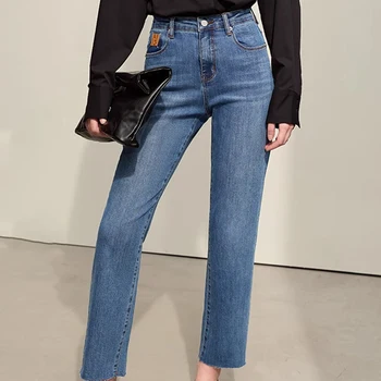 Amii 여성용 미니멀리즘 레트로 청바지, 신축성 캐주얼 펜슬 팬츠, 워싱 표백 슬림 숙녀 바지, 2024 용수철 신제품, 12441247 상품 이미지