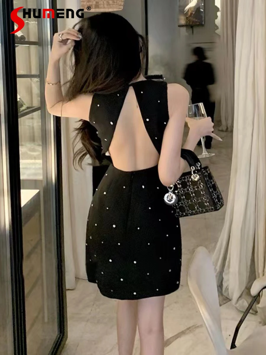 

High-End Feminine Socialite Black Beaded Backless Diamond-Embedded Dresses 2024 Summer Rhinestone Waist-Tight Sleeveless Dress