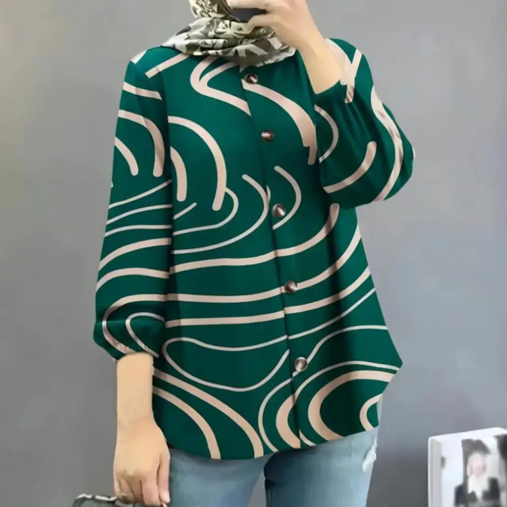 

Women Long Sleeve Shirt Geometric Pattern Retro Shirt for Women with Puff Sleeves Button Closure Loose Fit O-neck Top for Women