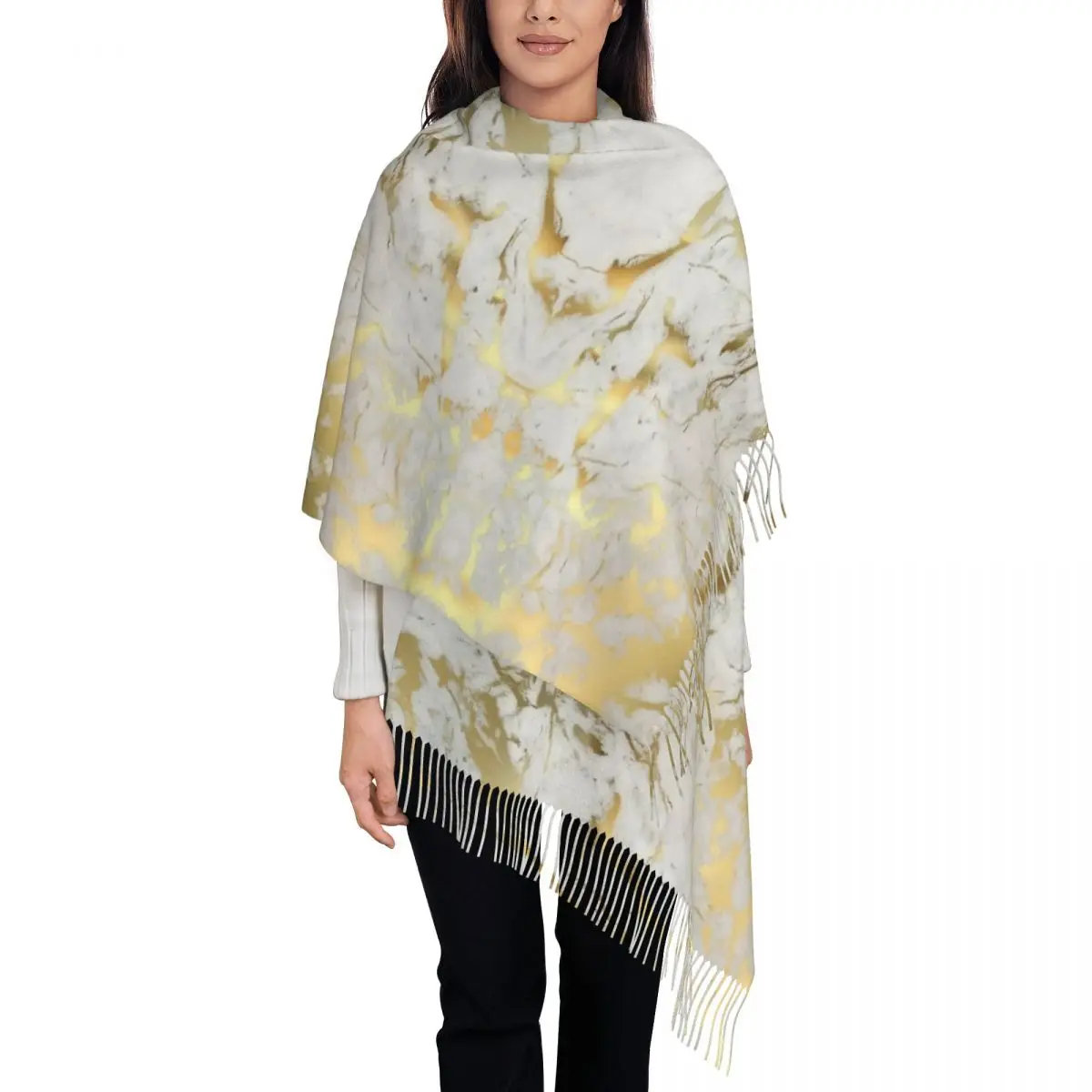 

Золотистый мраморный на белый шарф для женщин зимние теплые шали и накидка Современная Геометрическая графика длинная шаль шарф для вечернего платья