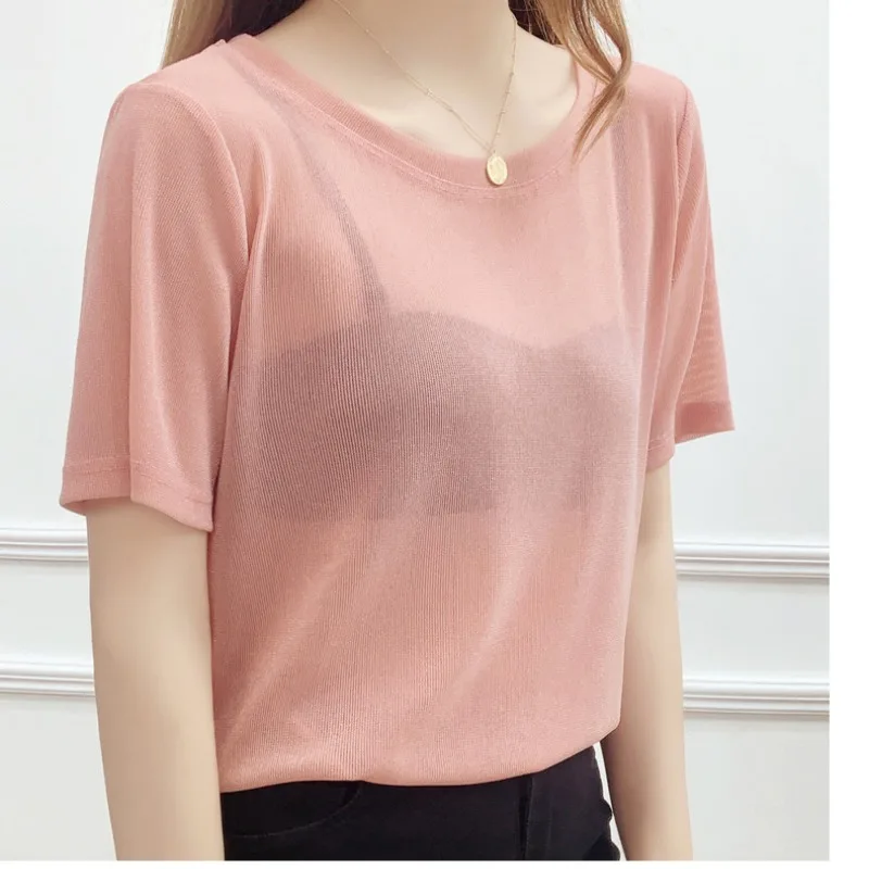 

Summer Women's Solid Round Neck Hollowed Out Short Sleeve T-shirt Office Lady Casual Elegant Vacation Sweet Gauze Vintage Tops