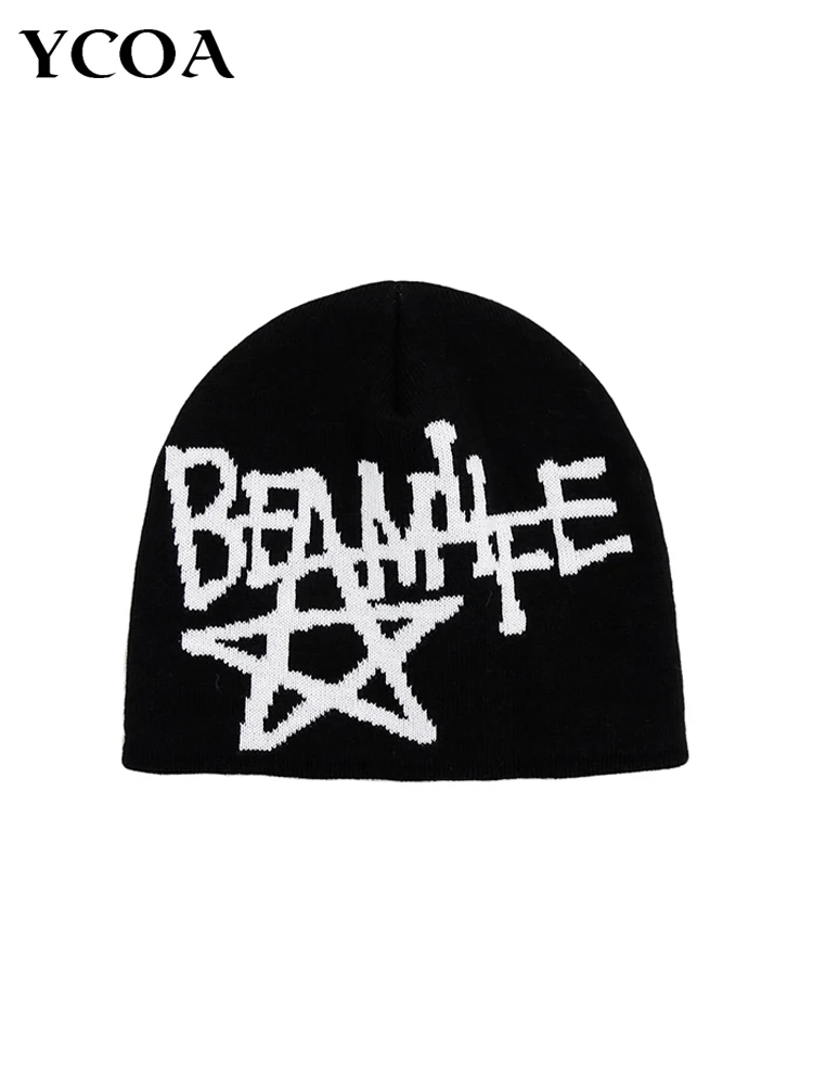 

Women Hat Beanie Knitting Letter Star Graphic Winter Y2k Streetwear Black Aesthetic Korean Fashion Pullover Kpop Hip Hop Unisex