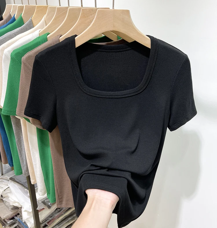 تي شيرت نسائي جديد لعام 2024 بقصة ضيقة وأكمام قصيرة، ياقة مربعة مع تصميم خيوط، أنيق للربيع والصيف، ملابس كاجوال عصرية تي شيرت نسائي جديد لعام 2024 بقصة ضيقة وأكمام قصيرة، ياقة مربعة مع تصميم خيوط، أنيق للربيع والصيف، ملابس كاجوال عصرية