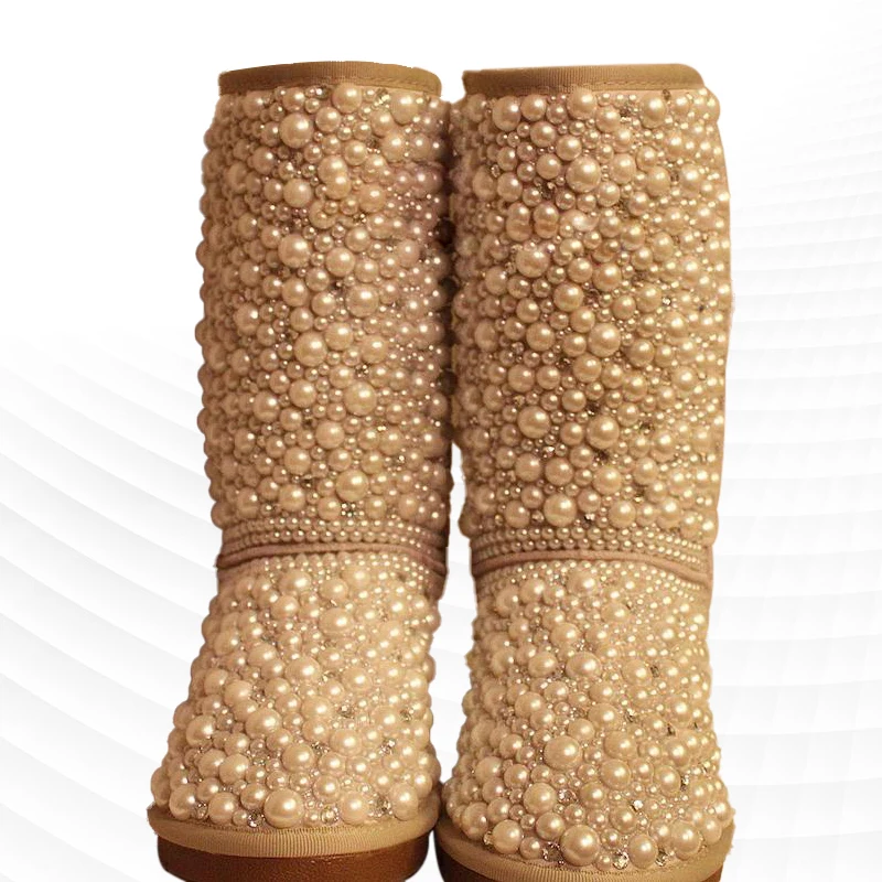 

Зимние флисовые теплые ботинки Стразы с жемчугом, винтажные коричневые слитные ботинки ручной работы с мехом на заказ, женские ботинки больших размеров 35-44