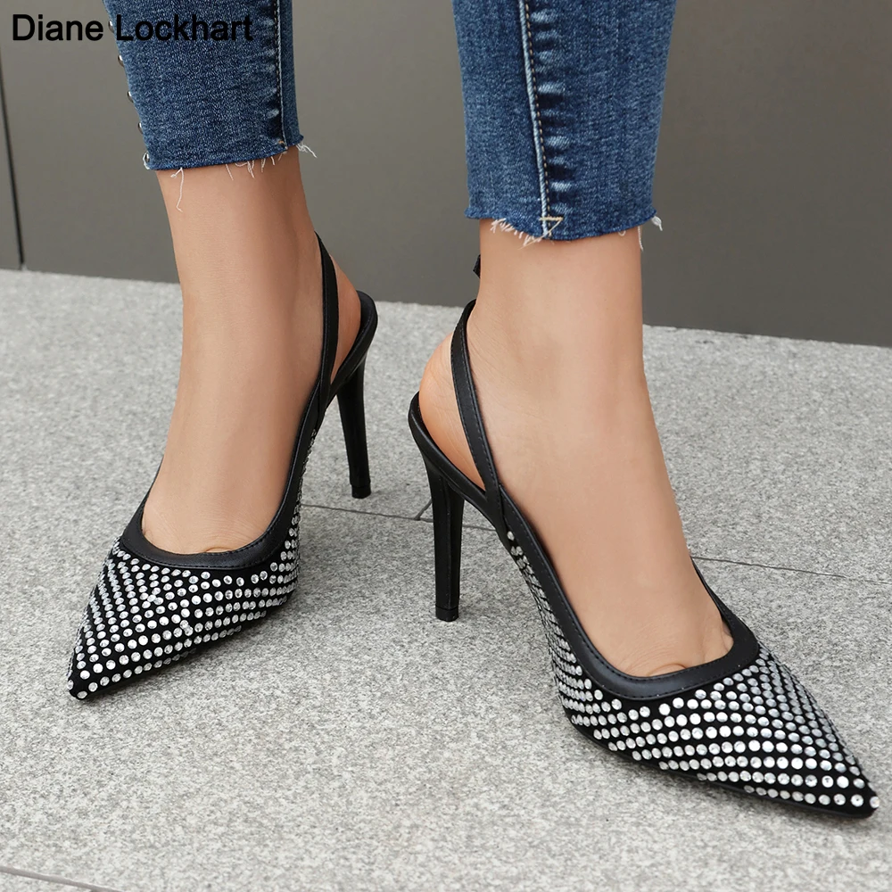 

Luxury Rhinestones Sequined Buckle Women Pumps Elegant Pointed toe Slingbacks Stiletto High heels Spring Summer Fashion Shoes