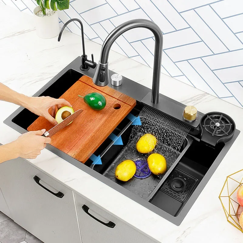 

New Black Nano 304 Stainless Steel Waterfall Kitchen Sink Large Single Slot Above Mount Waterfall Faucet For Kitchen Renovation