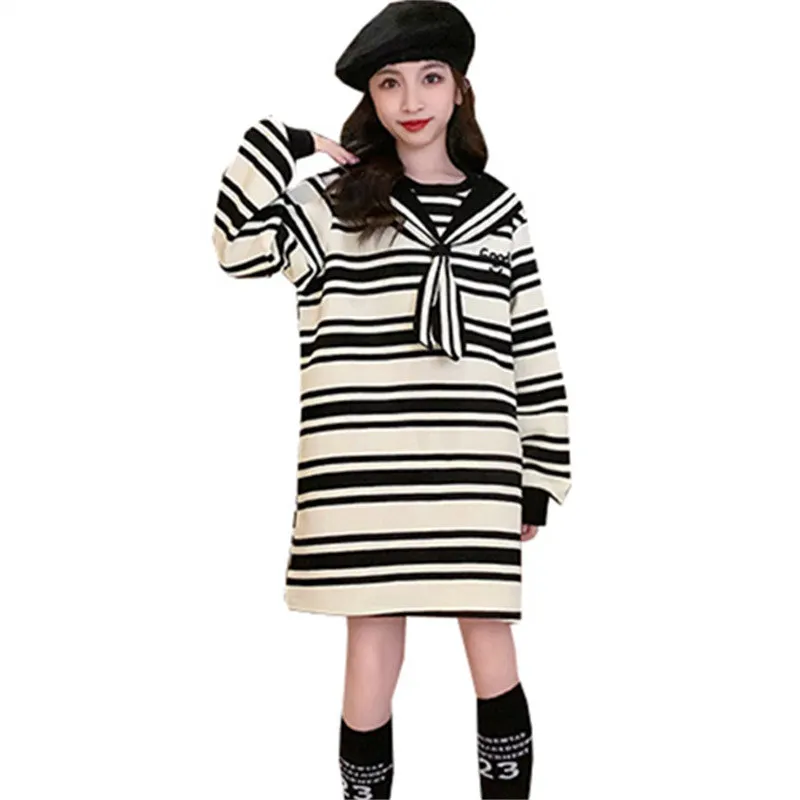 

Young Girls Fashion Striped Preppy Style Long Sweatshirt Dress for Teenager Autumn New Arrival Loose Korean Costume Kids Clothes