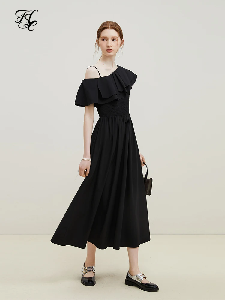 

FSLE French Ruffle Dress Women's Summer 2023 New Diagonal Shoulder Evening Dress Black Dress High Waist Women Solid Dress