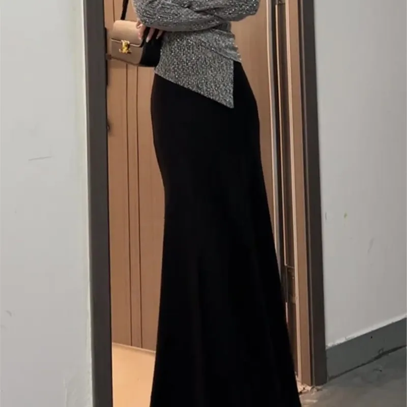 

Black Woolen Skirt Women's New Elegant High Waist Slimming Long Sheath Fishtail