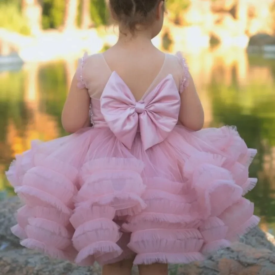 

Pink Tutu Flower Baby Girl Dress Puffy Beaded Knee-Length Kids Princess Girls Wedding Birthday First Communion Party Ball Gown