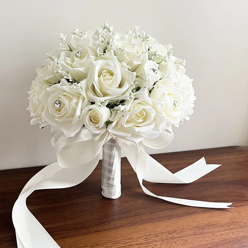 

Wedding Bouquet Bridal Flowers Accessories Babys Breath Artificial Roses Rhinestones Bride Bouquets Centerpieces Party Decor