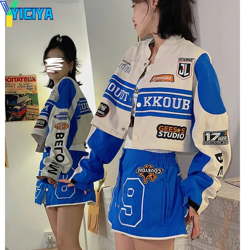 

YICIYA Detachable Hem jacket Bomber Women Varsity blue Long Sleeves Vintage American Baseball Coats Race Car Jackets Coat Winter