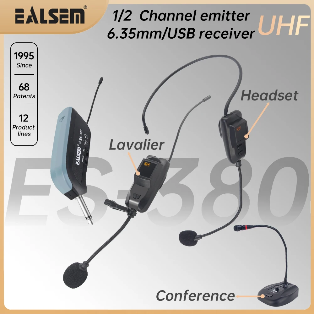 EALSEM 380 UHF 1/2 Channel Wireless Handheld/Conference/Lavalier/Headset Microphone USB/6.35MM Jacks50Meter 640-690MHz For KTV
EALSEM 380 UHF 1/2 Channel Wireless Handheld/Conference/Lavalier/Headset Microphone USB/6.35MM Jacks50Meter 640-690MHz For KTV