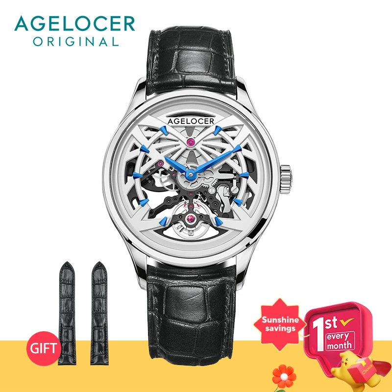 

AGELOCER Men's Top Brand Skeleton Mechanical Automatic Stainless Steel Dress Luxury Analog Watch